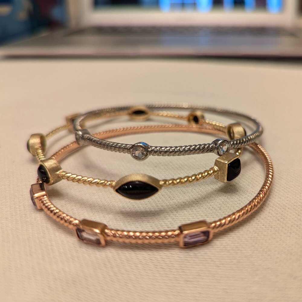 Bangle - Rose-Amethyst + Gold-Onyx + Silver-Topaz tone